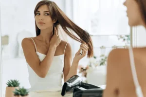 femme brossant ses cheveux face à son miroir